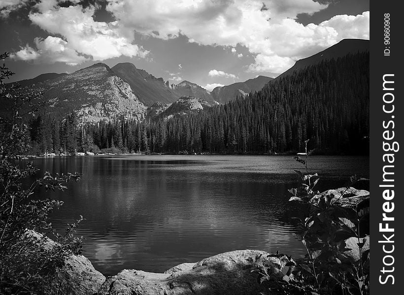 A mountain lake landscape in black and white. A mountain lake landscape in black and white.