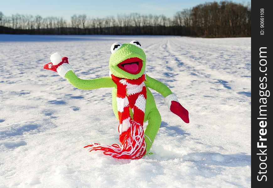 Green Kermit the Frog on White Snow