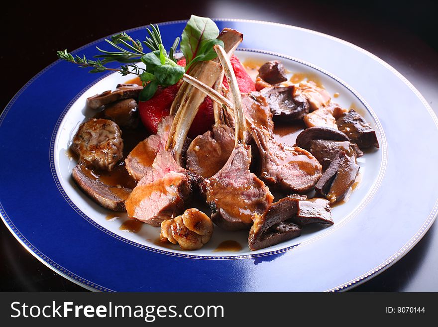 Fried veal on a dish with a blue border. Fried veal on a dish with a blue border.