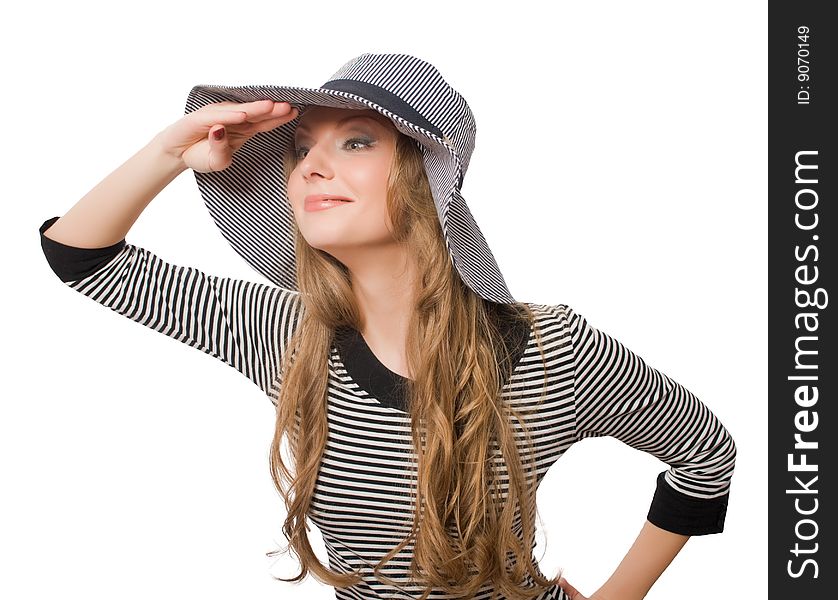 Beautiful young female in grey hat isolated over white with clipping path