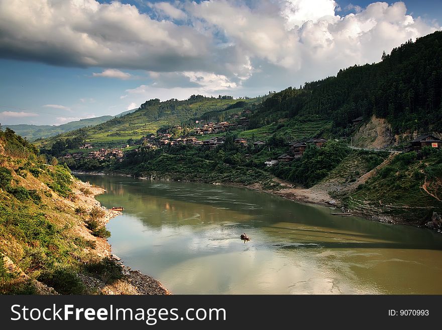 River with mountains in the guizhou china.