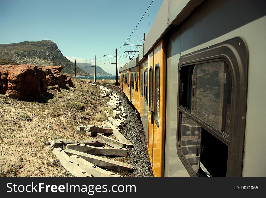 Train running in a scenic landscape