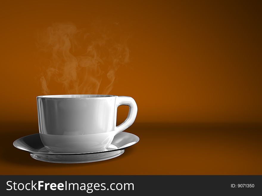 Cup and saucer with hot beverage on green background. Cup and saucer with hot beverage on green background