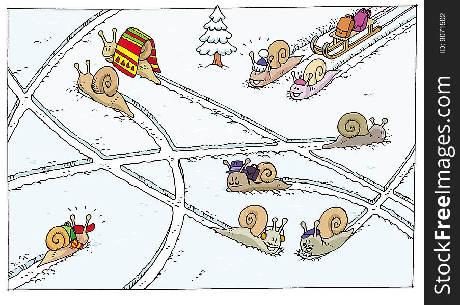 Nine Happy Snails Walking In Snow