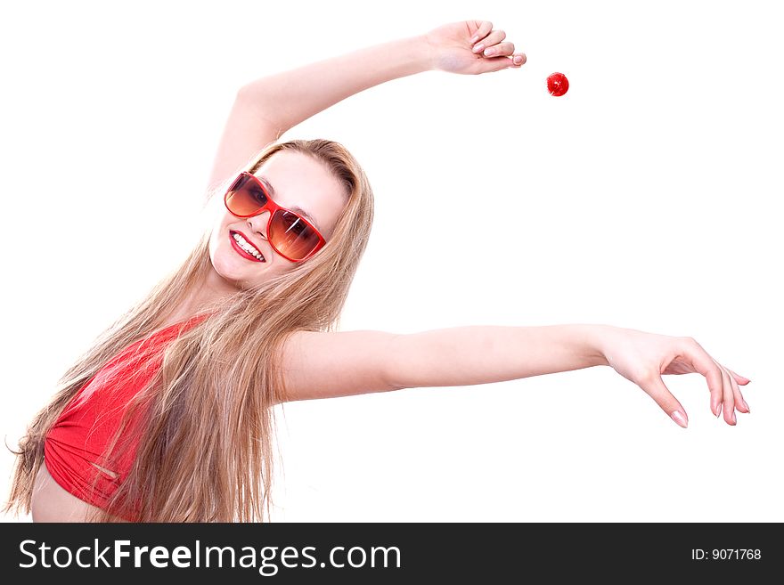 Woman in a red dress with the glasses on a white background