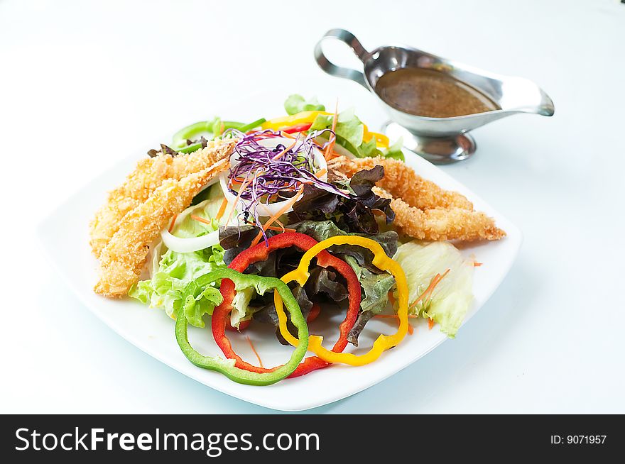 Delicious Shrimp salad serve with brown creamy sauce
