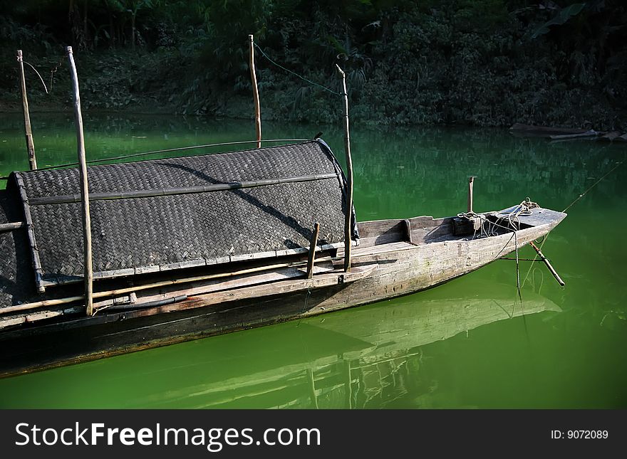 Old boat on lake. landscape