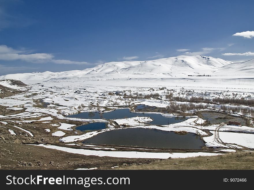 Snowcapped mountains with melted river and lakes. Snowcapped mountains with melted river and lakes