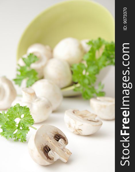 Mushrooms and parsley on a white background. Mushrooms and parsley on a white background