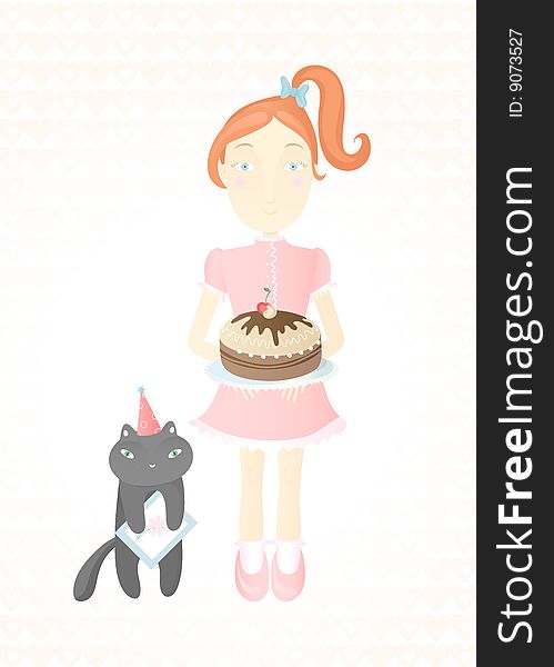 Girl and cat with cake and card. Pastel colors. EPS. Girl and cat with cake and card. Pastel colors. EPS.