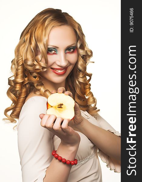 Portrait of pretty blonde with red apple. Portrait of pretty blonde with red apple