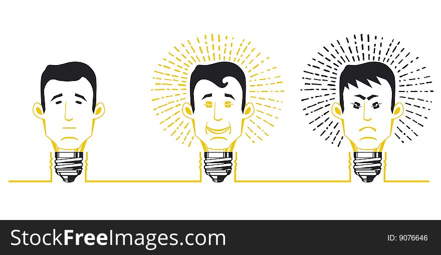 Three images of the person-bulb with different emotions