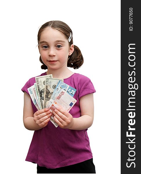 Smiling seven years girl with pigtails holds a fan of banknotes. Smiling seven years girl with pigtails holds a fan of banknotes