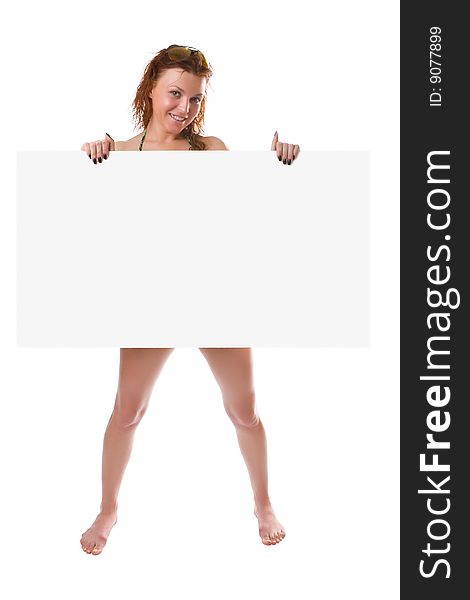 Undressed girl with a clean sheet in hands isolated on a white background. Undressed girl with a clean sheet in hands isolated on a white background