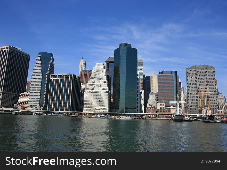 Lower Manhattan skyline along the East River. Lower Manhattan skyline along the East River.