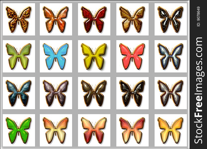 Many illustrated precious stone gold framed butterflies