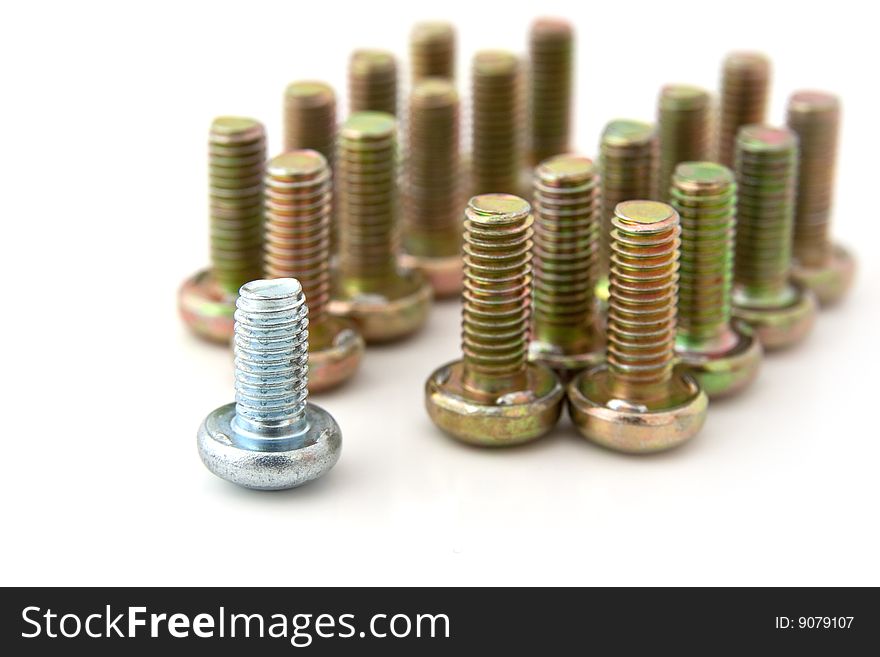Metal bolts in line isolated on white background