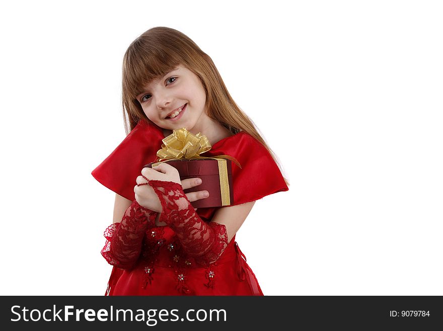 Beautiful girl is giving the gift. Female with present. Attractive lady is holding purple box with gold ribbon. Isolated over white background. Beautiful girl is giving the gift. Female with present. Attractive lady is holding purple box with gold ribbon. Isolated over white background.