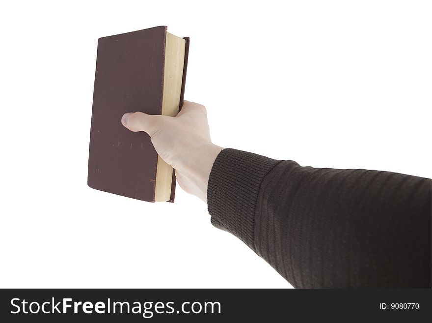 Hand with brown books on a white background. Hand with brown books on a white background.