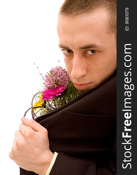 Man with flowers on white background