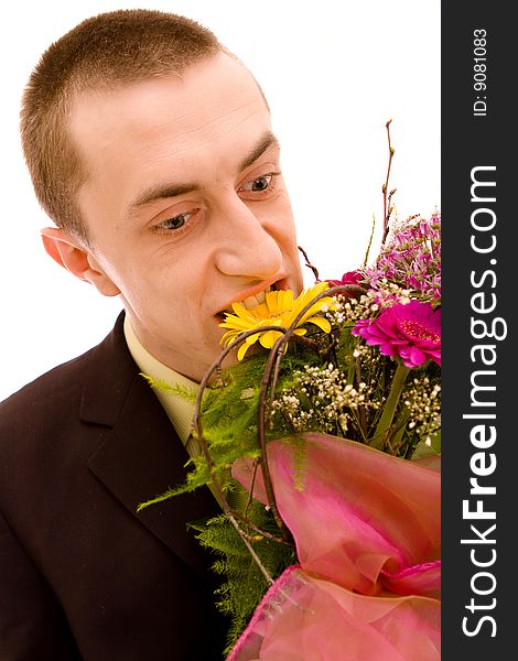 Man with flowers on white background