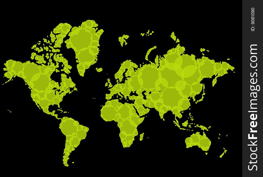 Map of the earth created with a large quantity of green circles on a black background. Map of the earth created with a large quantity of green circles on a black background