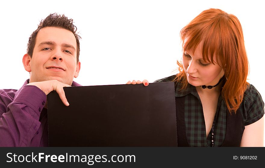 Couple with banner on white background