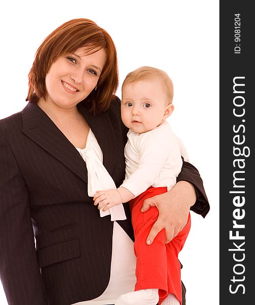 Businesswoman with baby on white