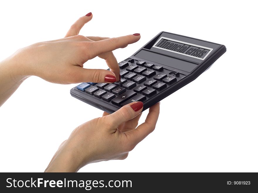 Woman's hand with calculator of financial crisis