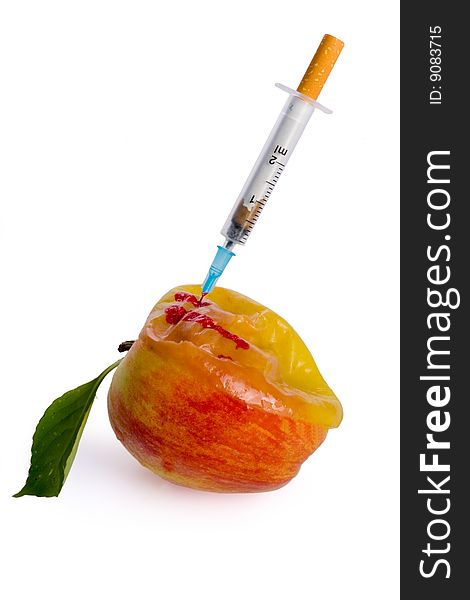 Cigarette syringe in aple on white background