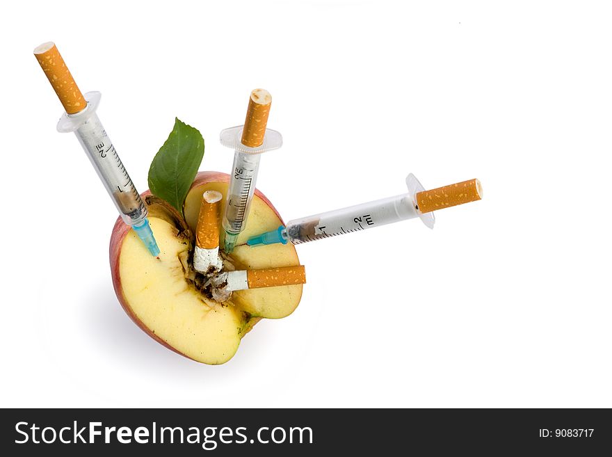 Cigarette syringe in aple on white background