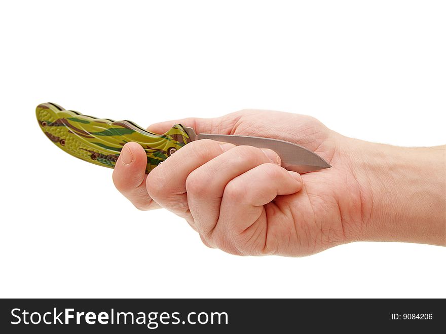 Hand holding army pocket knife on white background