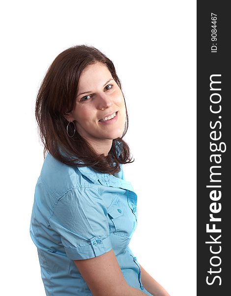 Closeup portrait of a happy young woman smiling isolated on white background.