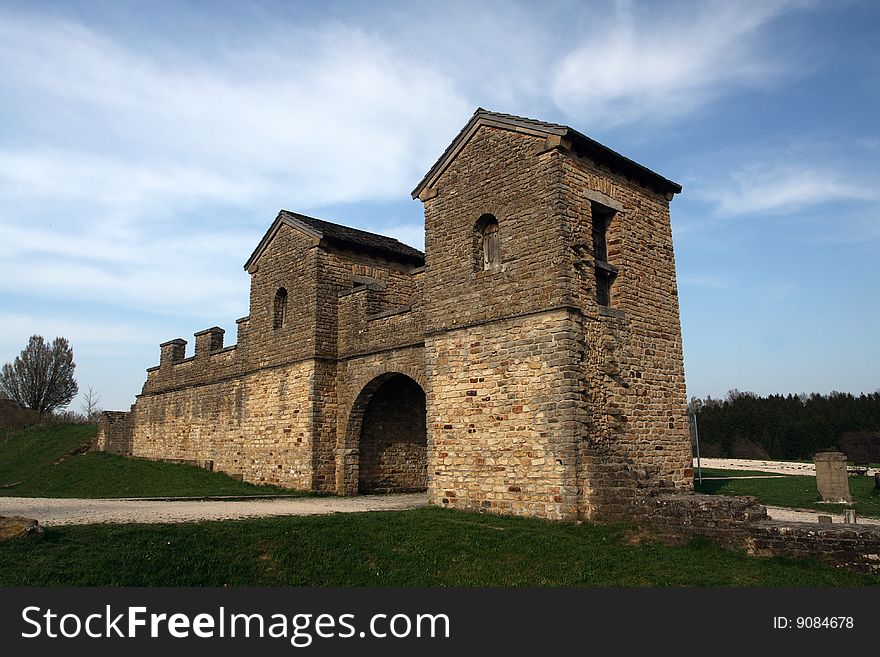 Gate of a reconstructed Roman castle guarding the south German part of the Roman border (Limes).