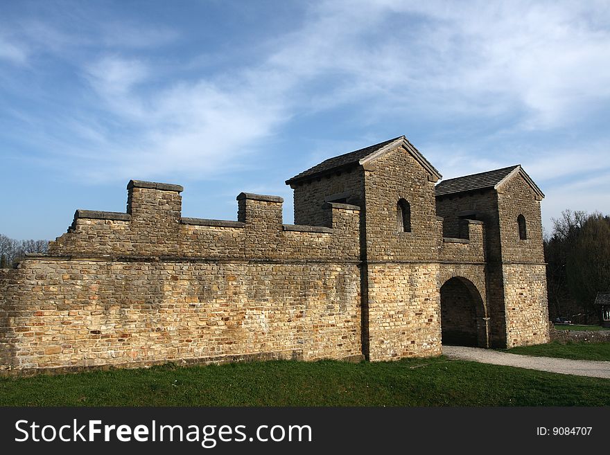 Gate of a reconstructed Roman castle guarding the south German part of the Roman border (Limes).