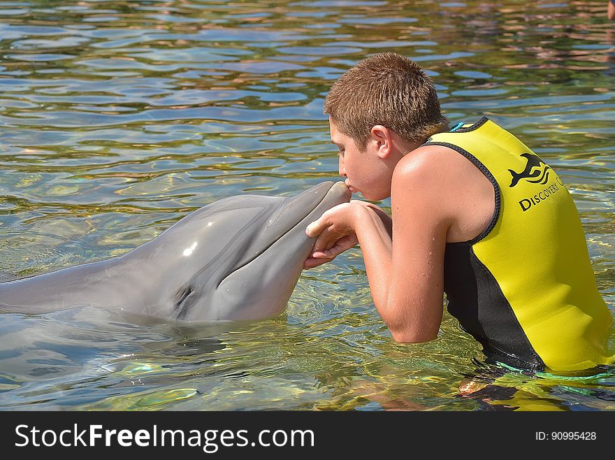 A trainer with wet suit kissing a dolphin. A trainer with wet suit kissing a dolphin.