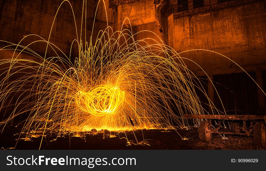 A long exposure of burning steel wool spinning around. A long exposure of burning steel wool spinning around.