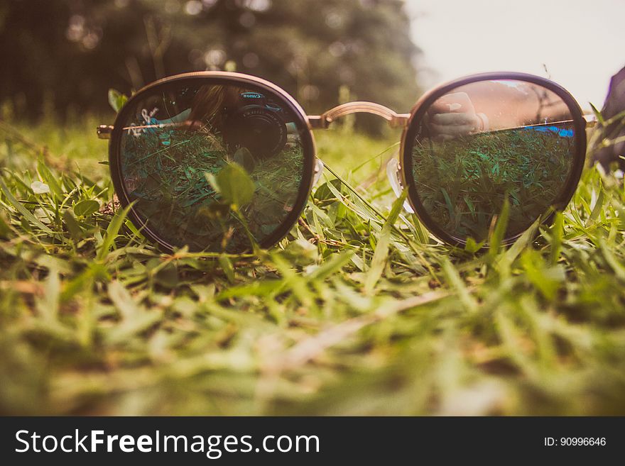 A grassy field with sunglasses. A grassy field with sunglasses.