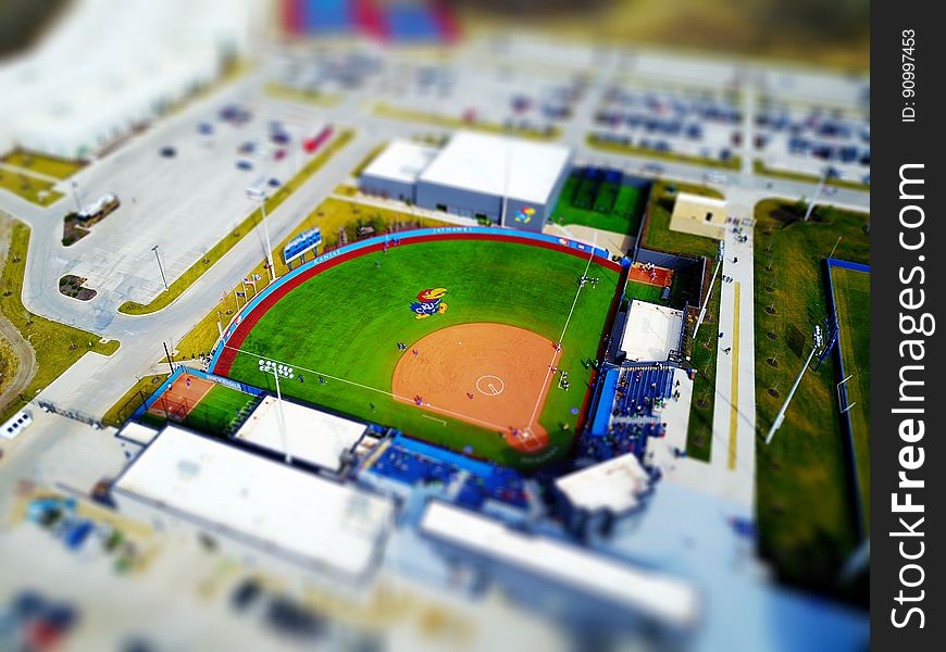 Aerial view of Kansas University baseball field with Jayhawks mascot. Aerial view of Kansas University baseball field with Jayhawks mascot.