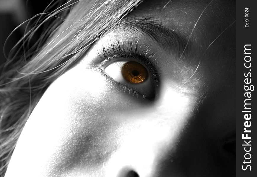 Black and white portrait of childs brown eyes. Black and white portrait of childs brown eyes.