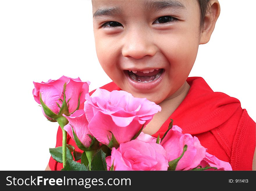 Young little girl with pink roses. Young little girl with pink roses.