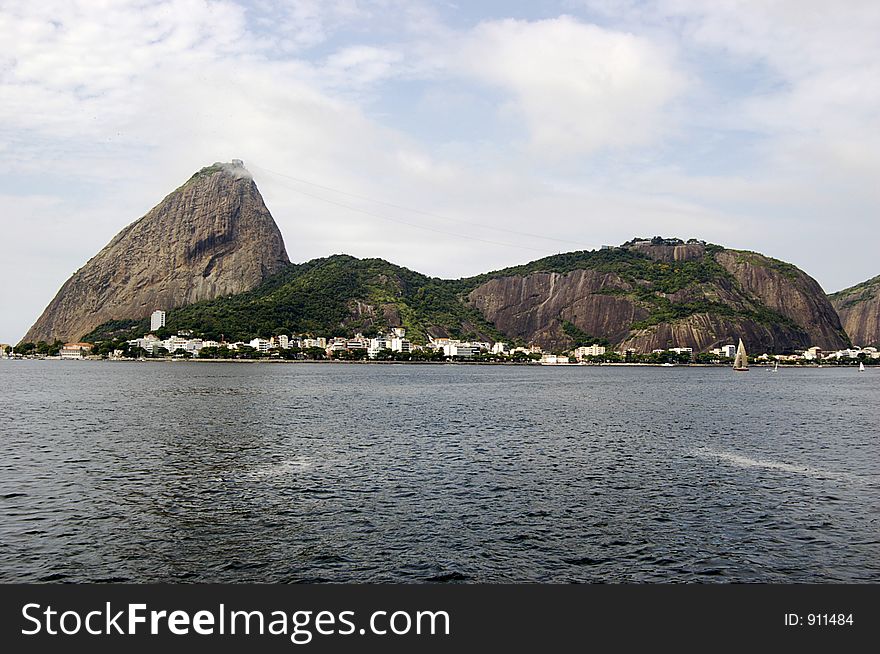 Sugarloaf Mountain (in Portuguese, Pão de Açúcar) location 22°56'56.7S 43°9'27W, is a peak situated in Rio de Janeiro, Brazil, from the mouth of Guanabara Bay on a peninsula that sticks out into the Atlantic Ocean. Sugarloaf Mountain (in Portuguese, Pão de Açúcar) location 22°56'56.7S 43°9'27W, is a peak situated in Rio de Janeiro, Brazil, from the mouth of Guanabara Bay on a peninsula that sticks out into the Atlantic Ocean.