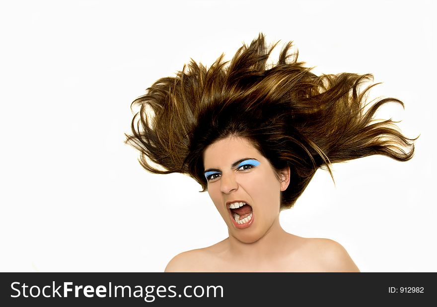 Portrait of Young woman screaming with a blue make-up
