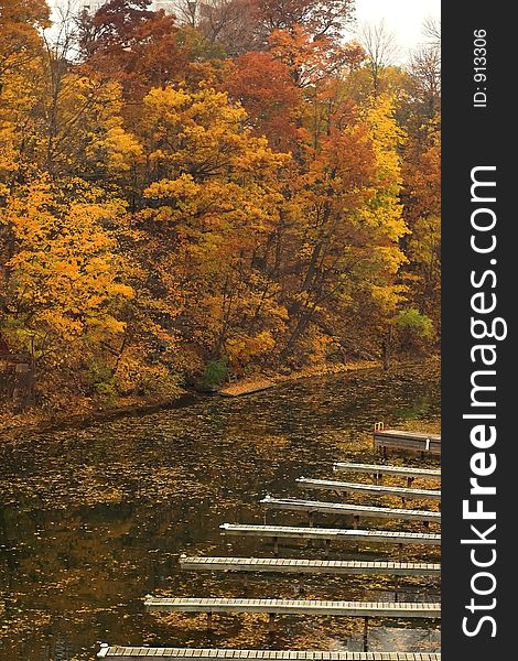 Docks in harbour bend along creek in fall. Docks in harbour bend along creek in fall