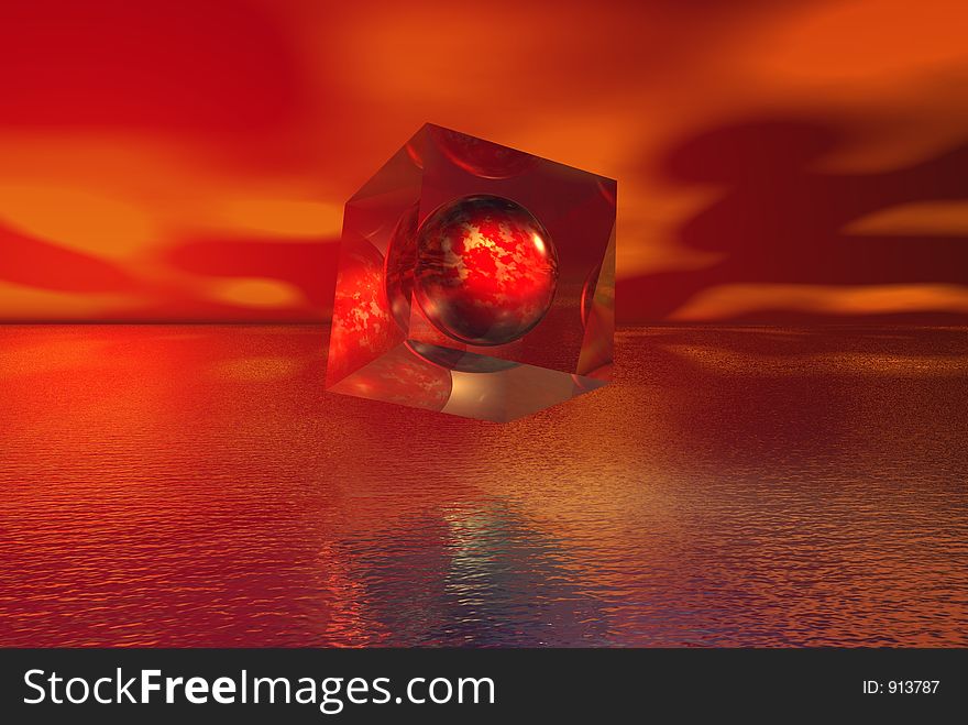Red mystic orb in floating glass box. Red mystic orb in floating glass box