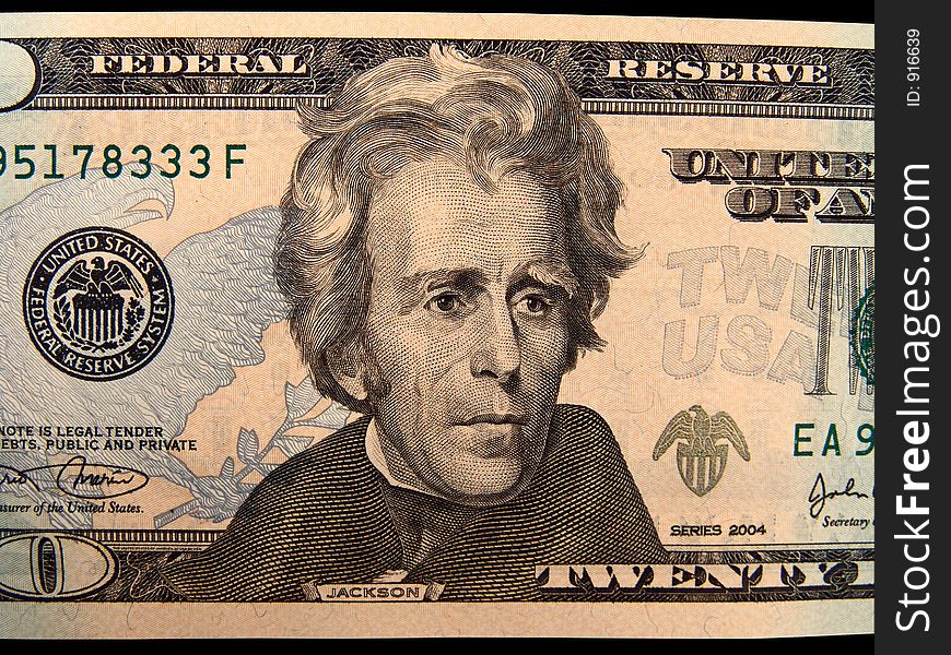 Jackson close-up on a new 20 dollars United States bill. Jackson close-up on a new 20 dollars United States bill