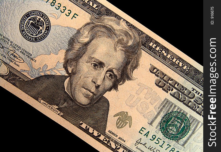 Jackson close-up on a new 20 dollars United States bill. Jackson close-up on a new 20 dollars United States bill