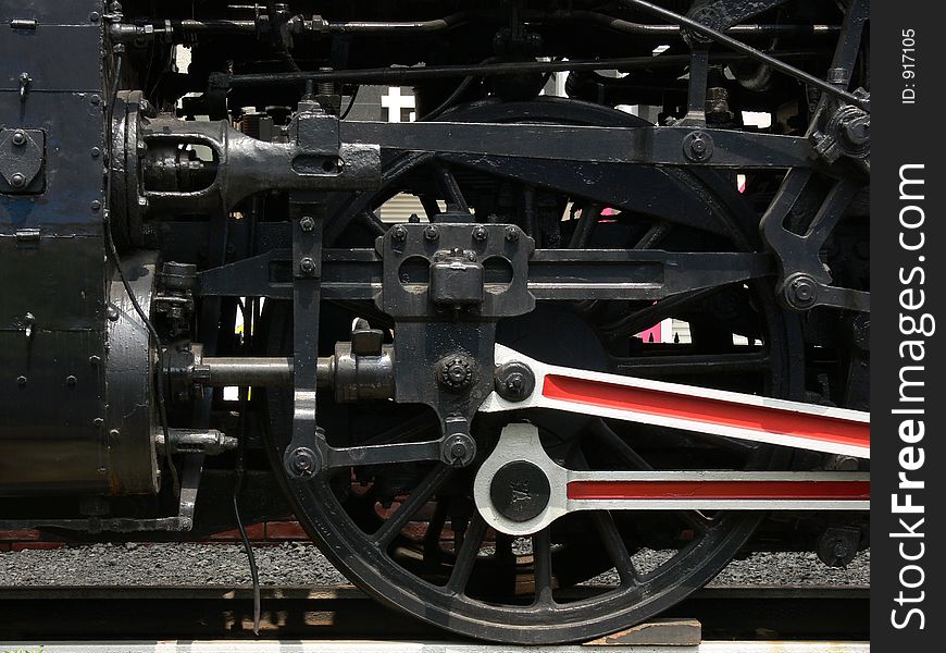 Front real and push rod of an ancient steam locomotive