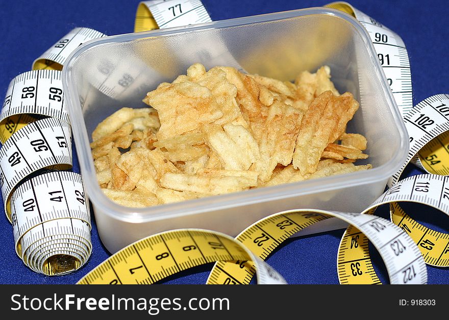 Measure tape around a box of crisps. Measure tape around a box of crisps