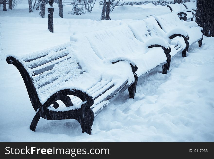 Snow covered benches in the winter park